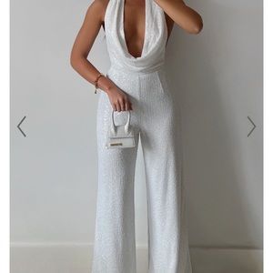JULIEN BACKLESS WIDE LEG COWL NECK SEQUIN JUMPSUIT IN WHITE SHOWPO